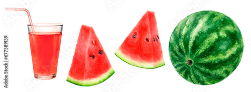Close-up view watercolor illustration of a watermelon and smoothie, isolated on white background. PNG