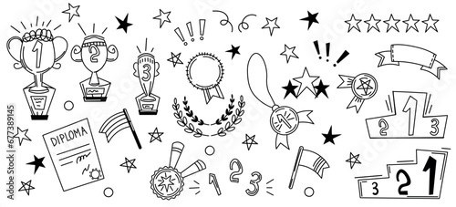 Set of awards, cups, medals for winners. Doodle style on isolated white background, vector graphic.