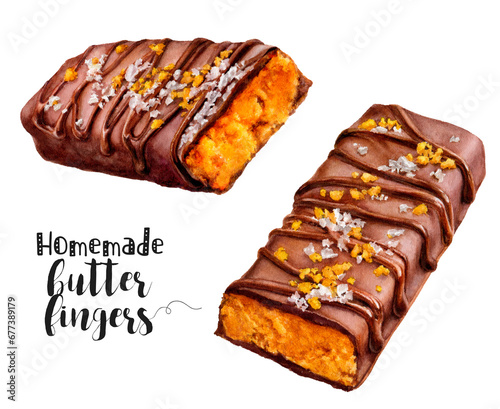 Watercolor illustration of butterfingers dessert close up. Design template for packaging, menu, postcards. PNG photo