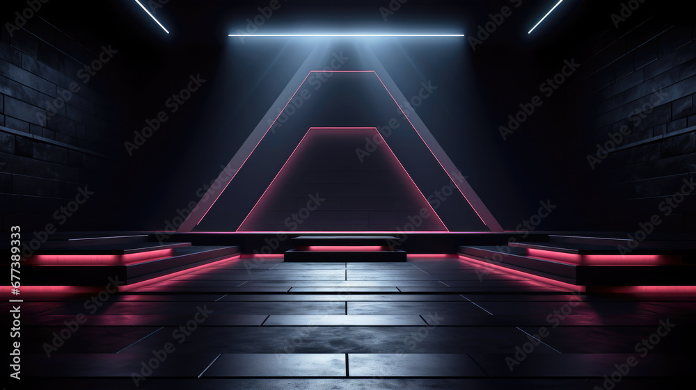 Futuristic room background, dark stage with neon low lighting. Minimalist design of empty studio or showroom, modern hall interior. Concept of game, show, industry, ski-fi - obrazy, fototapety, plakaty 