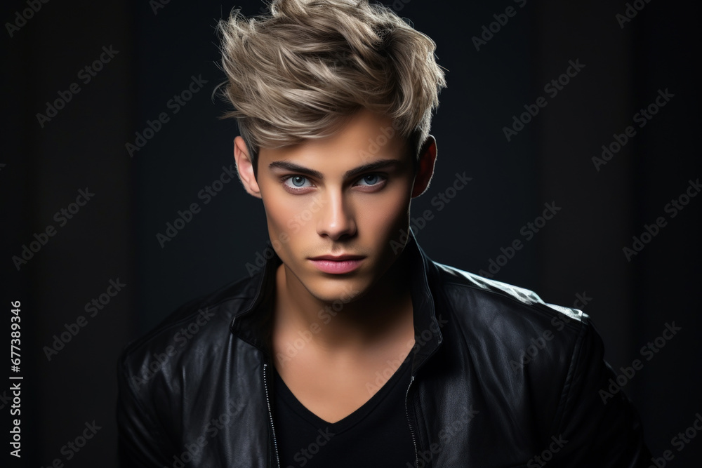 Young handsome man with short blond hair on dark studio background. Face of boy model wearing black jacket. Concept of style, fashion, beauty, male portrait, stylish hairstyle
