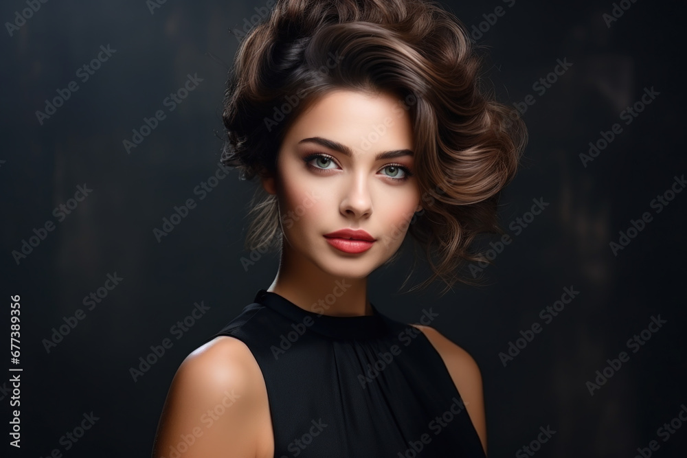 Young woman with short curly hair on dark background. Portrait of girl model with wavy brown hairstyle, healthy skin of face. Concept of style, fashion, beauty salon, studio, makeup Young woman with short curly hair on dark background. Portrait of girl model with wavy brown hairstyle, healthy skin of face. Concept of style, fashion, beauty salon, studio, makeup