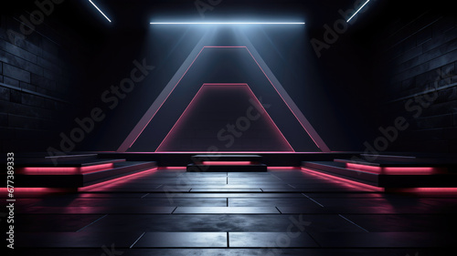 Futuristic room background, dark stage with neon low lighting. Minimalist design of empty studio or showroom, modern hall interior. Concept of game, show, industry, ski-fi