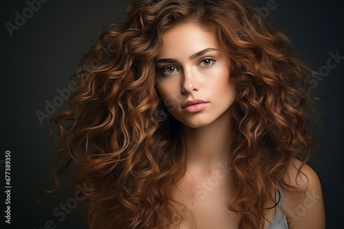 Sexy woman with long red curly hair on dark background. Portrait of girl model with brown wavy hairstyle, healthy skin of face. Concept of style, fashion, beauty salon, studio, perfect