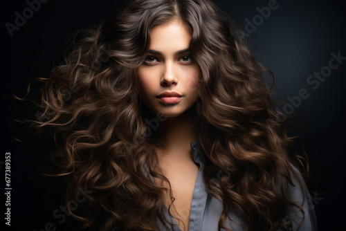 Sexy young woman with long wavy hair on dark background. Portrait of girl model with brown curly hairstyle, healthy skin of face. Concept of style, fashion, beauty salon, studio, perfect
