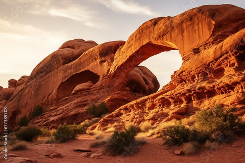 Eroded red-rock arches illuminated by the setting sun in a southwestern desert © Dan