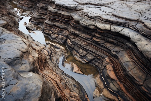 Erosion patterns revealing intricate layers of soil and rock on a riverbank