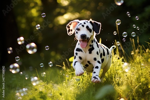 Dalmatian puppy chasing soap bubbles photo
