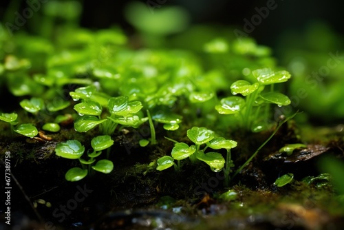 Densely packed liverwort thalli on a moist forest floor photo