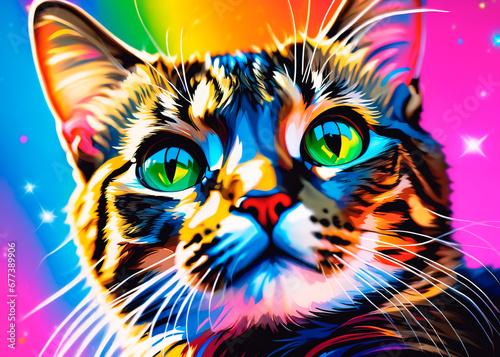 Colorful portrait of a cat on a multicolored background.