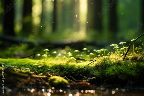 Dappled sunlight on moss with forest floor bokeh
