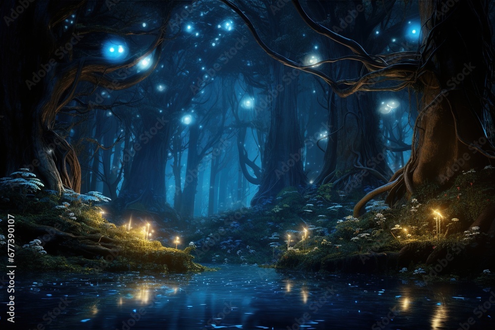 Fototapeta premium Enchanted forest illuminated by fireflies against a backdrop of deep blue twilight