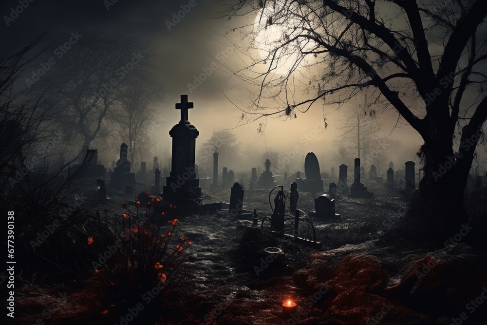 Eerie graveyard cloaked in fog under full moon Eerie graveyard cloaked in fog under full moon