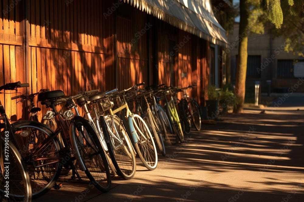 Early morning light creating long, dramatic shadows of a row of bicycles on a street