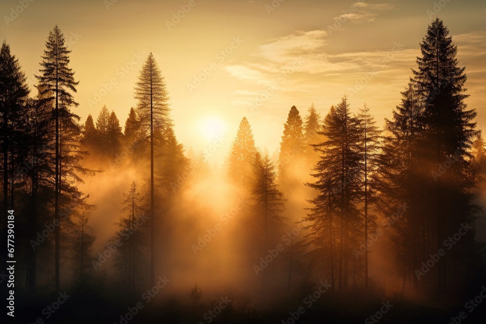 Early morning mist settling over a dense pine forest with golden sunlight filtering through