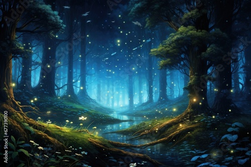 Enchanted forest illuminated by fireflies against a backdrop of deep blue twilight