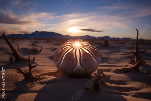 Earthstar fungus splayed in desert sand at dawn
