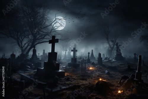 Eerie graveyard cloaked in fog under full moon