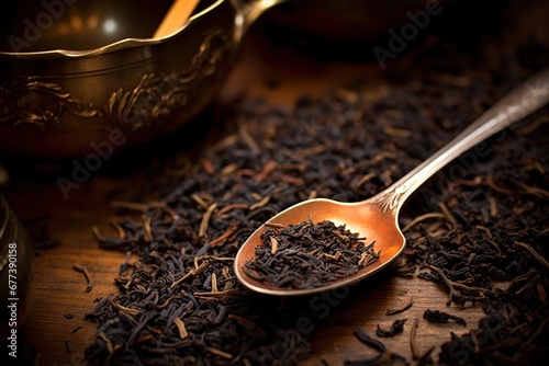 Earl Grey tea leaves encircling a vintage teaspoon