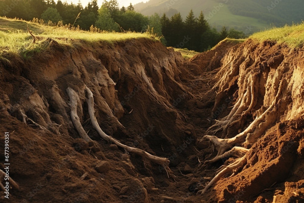Eroded soil on a hillside, with exposed roots and loose dirt - obrazy, fototapety, plakaty 