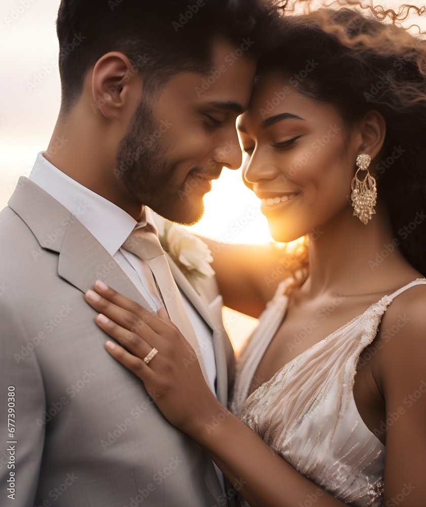 wedding photo of a happy young couple, nation diversity, with different nationalities, diversity of skin color, sunset light wedding photo of a happy young couple, nation diversity, with different nationalities, diversity of skin color, sunset light