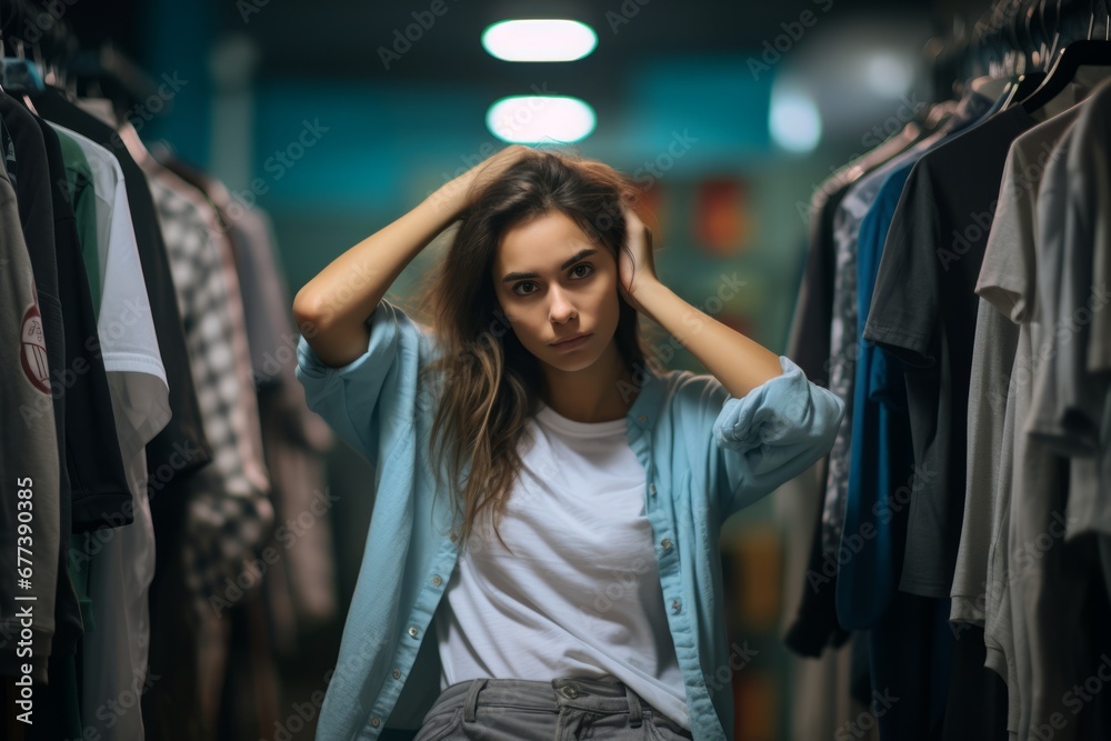 Portrait of a beautiful young woman in casual clothes in a clothing store