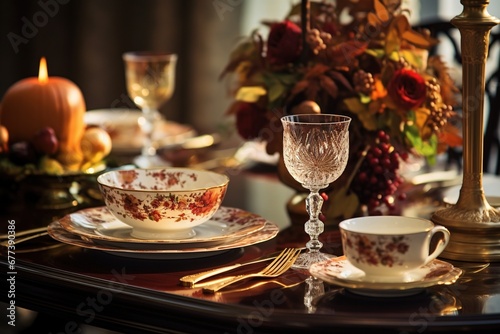 Elegant table setting with fine china and autumnal decorations