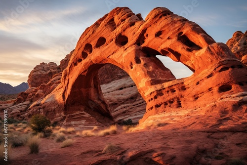 Eroded red-rock arches illuminated by the setting sun in a southwestern desert