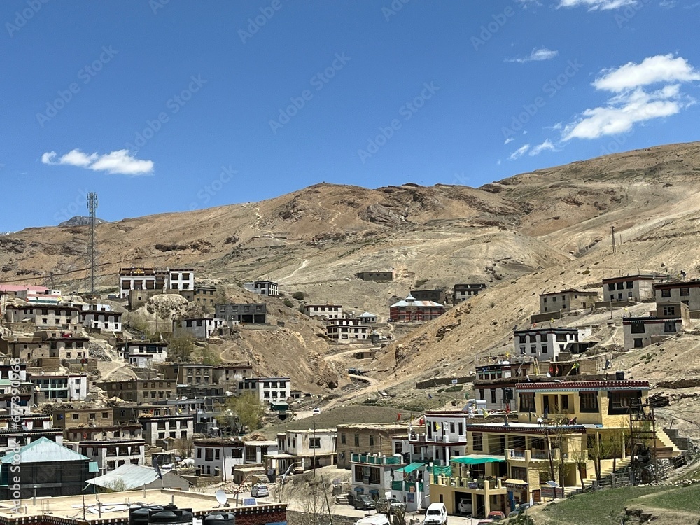 Beautiful view of Kibber Village on a sunny day in the Spiti Valley in Himachal Pradesh, India