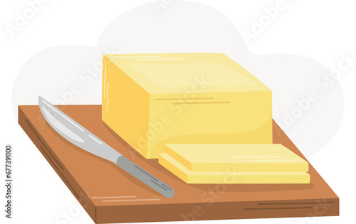 A piece of butter with slices on a wooden board. Flat vector illustration. Dairy products. Nutrition concept. Kitchen image.
