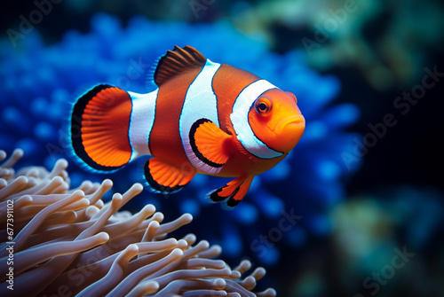 a clownfish swimming among some coral, in the style of realistic life © Avalga