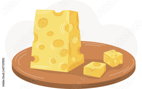 Swiss cheese with holes, sliced ​​cheese in a piece on a wooden board. Flat vector illustration. Dairy products. Nutrition concept. Kitchen image.