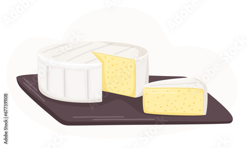 A whole piece of camembert cheese with a piece on a wooden board. Flat vector illustration. Dairy products. Nutrition concept. Kitchen image. 