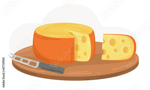 Swiss cheese with holes, sliced ​​cheese in a piece on a wooden board. Flat vector illustration. Dairy products. Nutrition concept. Kitchen image.