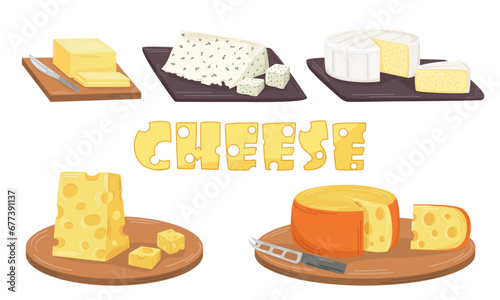 A set of pieces of different types of cheeses and butter. Camembert, blue cheese, swiss cheese. Flat vector illustration. Dairy products. Nutrition concept. Kitchen image. 