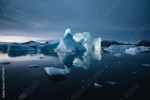 a landscape of icebergs at night with moon and stars