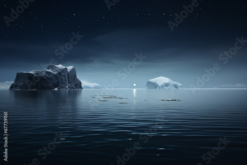 a landscape of icebergs at night with moon and stars