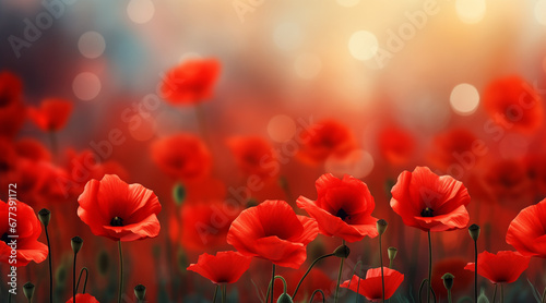 Remembrance Day background with copy space. Red poppy flowers on bokeh background. Suitable for social media posts, posters, and other marketing materials