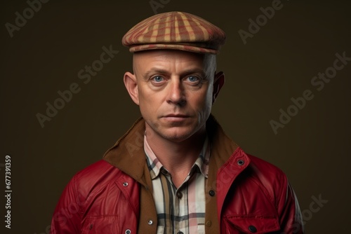 Portrait of a serious mature man wearing a cap and a red jacket. © Loli