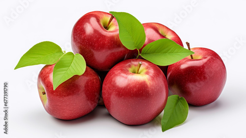 Fresh red apples with green leaves