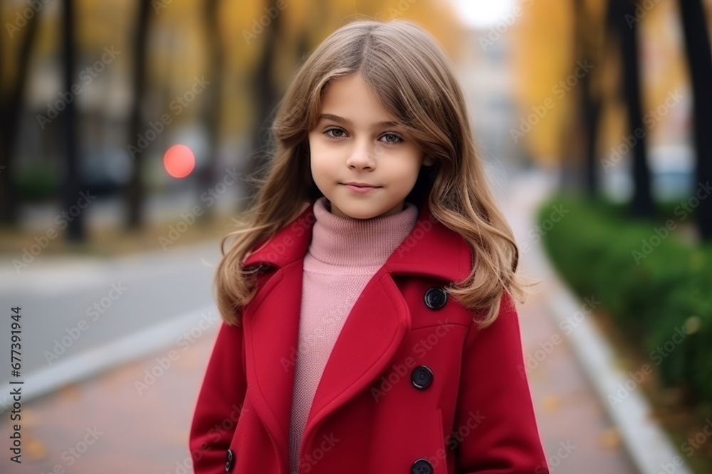 Outdoor portrait of beautiful little girl in red coat, autumn street