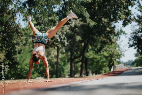 Fit girl perform cartwheels in a park, showcasing her active lifestyle, motivation, and dedication to better body shape.