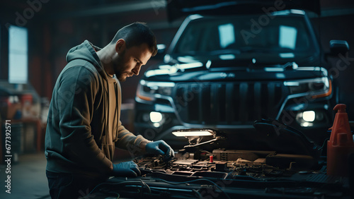 Close up of a mechanic fixing car under the hood with tools at garage. © Din