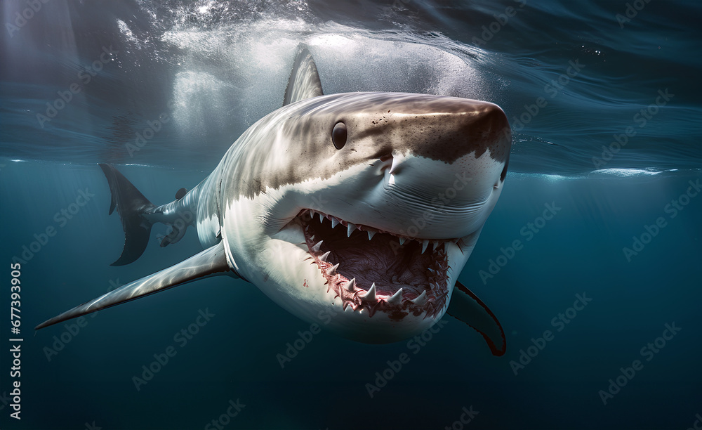 Obraz premium Close up of a scary giant white shark swimming in the ocean, Shark teeth