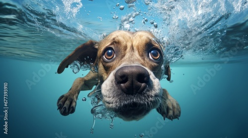 Humorous portrait of funny brown dog character diving, playing in blue water. Minimal concept of beach fun, joy, happiness and playfulness © Nata