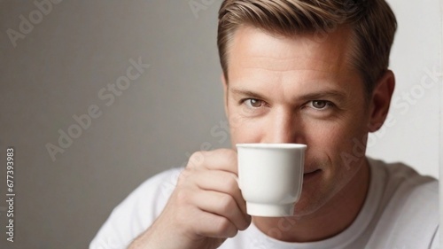 Portrait of a white male with a cup of hot coffee against white background with space for text, AI generated, background image