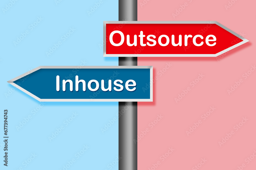 Road sign with outsource and inhouse word Road sign with outsource and inhouse word