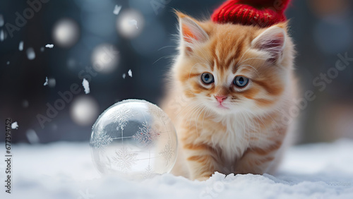 A cute cat in a Santa Claus hat on a winter background with Christmas decorations.