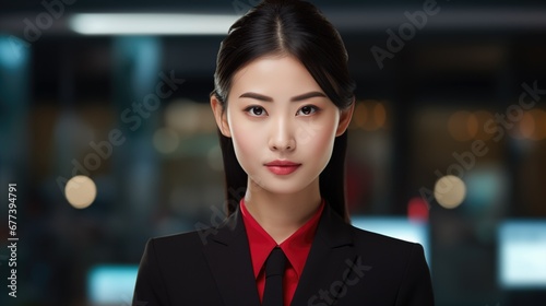 Young confident Asian business woman leader, successful entrepreneur, elegant professional company executive ceo manager, wearing suit standing in office.