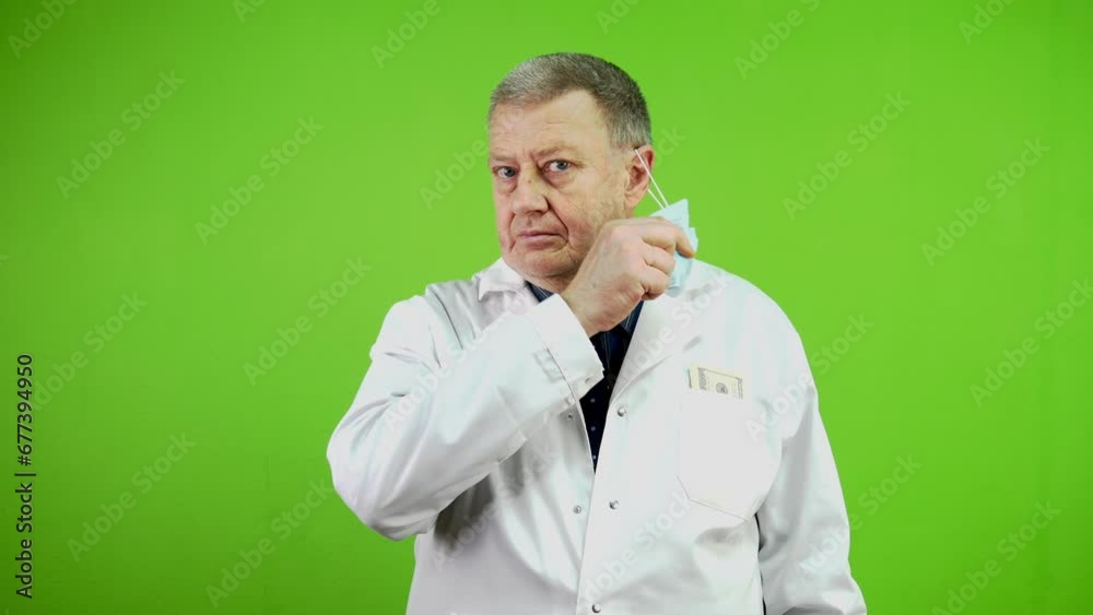 Tired senior doctor takes off eyeglasses and mask and wipes forehead with napkin Tired senior doctor takes off eyeglasses and mask and wipes forehead with napkin